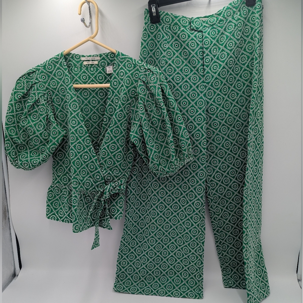 Scotch & Soda Puff Sleeve Peplum Top & Wide Leg Pants Set Green Small Boho Chic - Picture 2 of 10